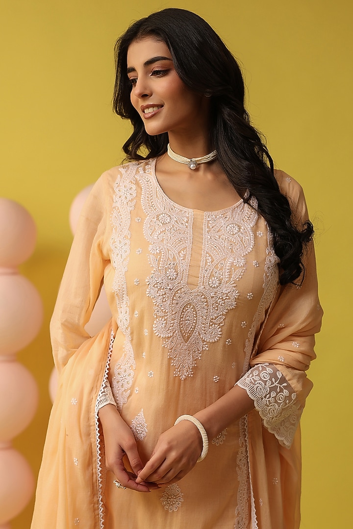 Peach Mulmul Chikankari Embroidered Straight Kurta Set by Scakhi Luxe at Pernia's Pop Up Shop