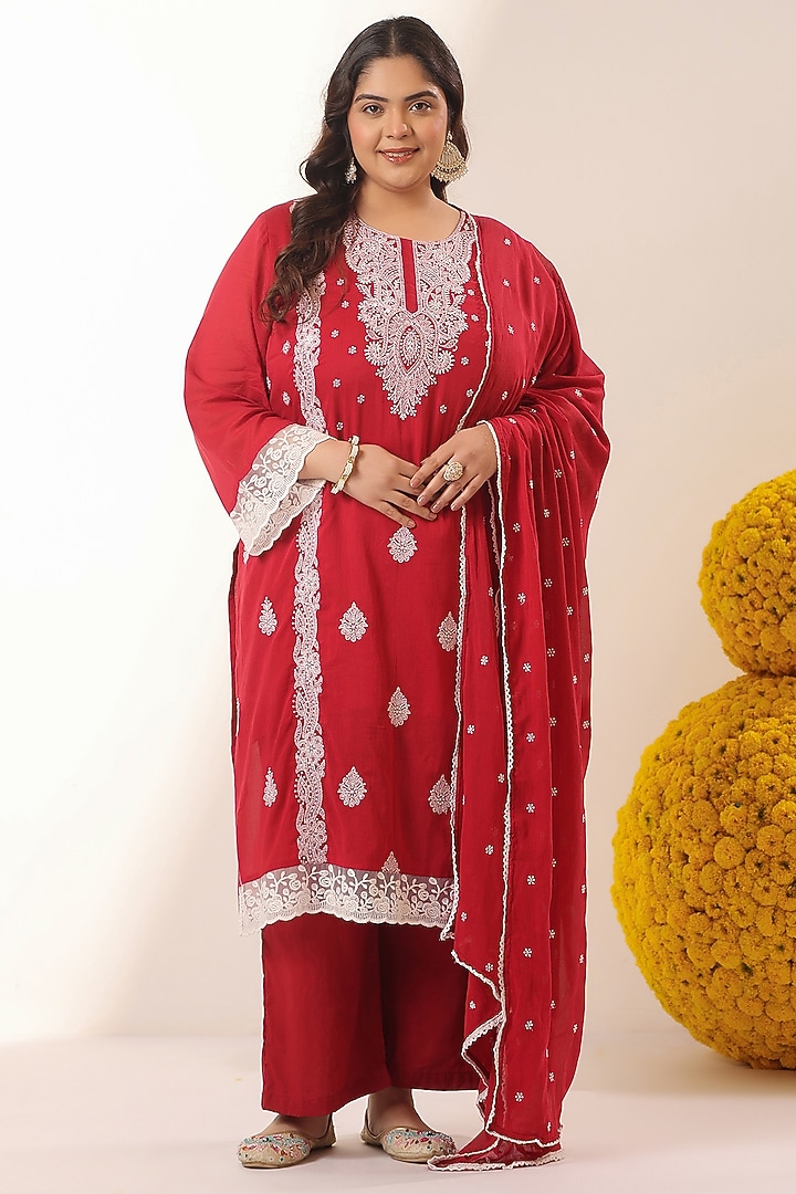 Red Mulmul Chikankari Embroidered Straight Kurta Set by Scakhi Luxe at Pernia's Pop Up Shop
