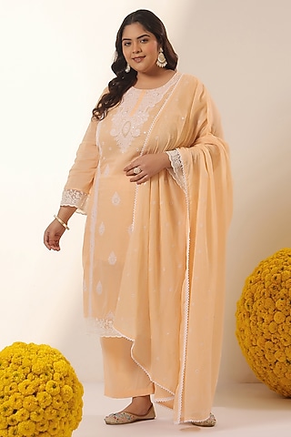 Peach Mulmul Chikankari Embroidered Straight Kurta Set by Scakhi Luxe