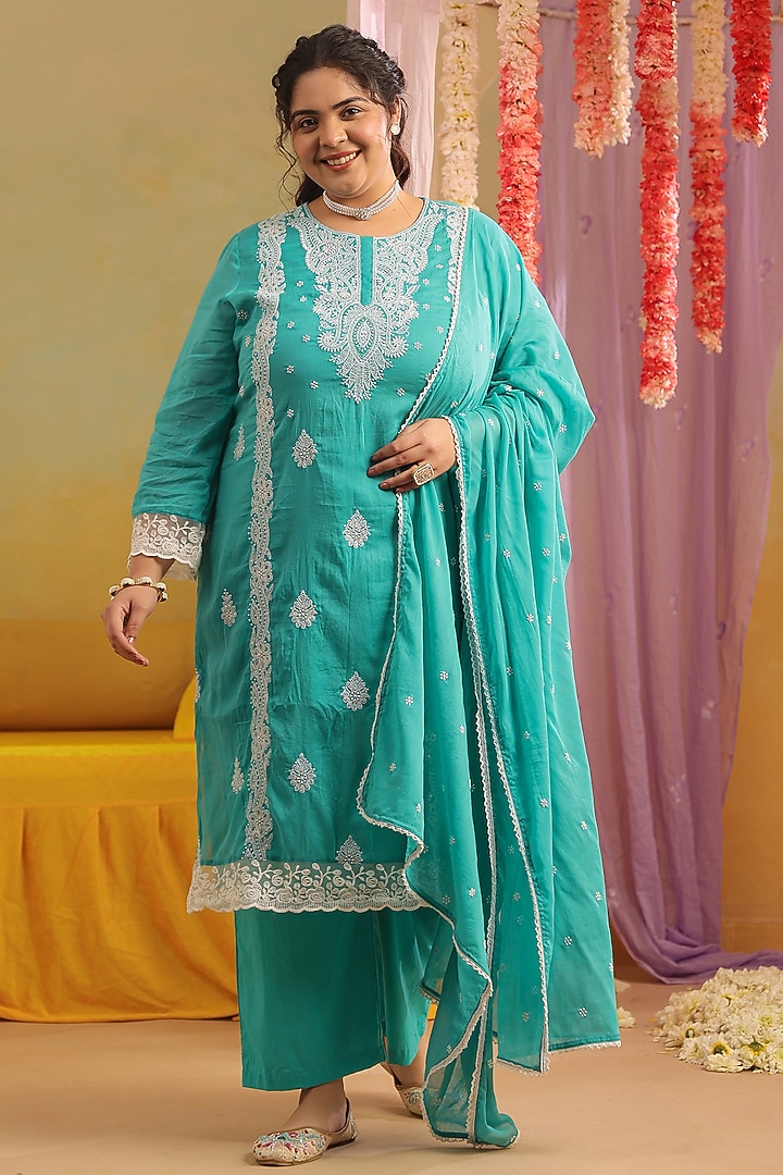 Turquoise Mulmul Chikankari Embroidered Straight Kurta Set by Scakhi Luxe at Pernia's Pop Up Shop