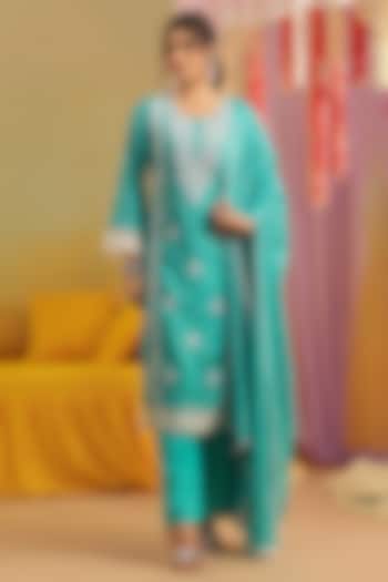 Turquoise Mulmul Chikankari Embroidered Straight Kurta Set by Scakhi Luxe at Pernia's Pop Up Shop