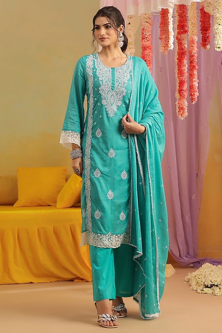 Turquoise Mulmul Chikankari Embroidered Straight Kurta Set by Scakhi Luxe at Pernia's Pop Up Shop