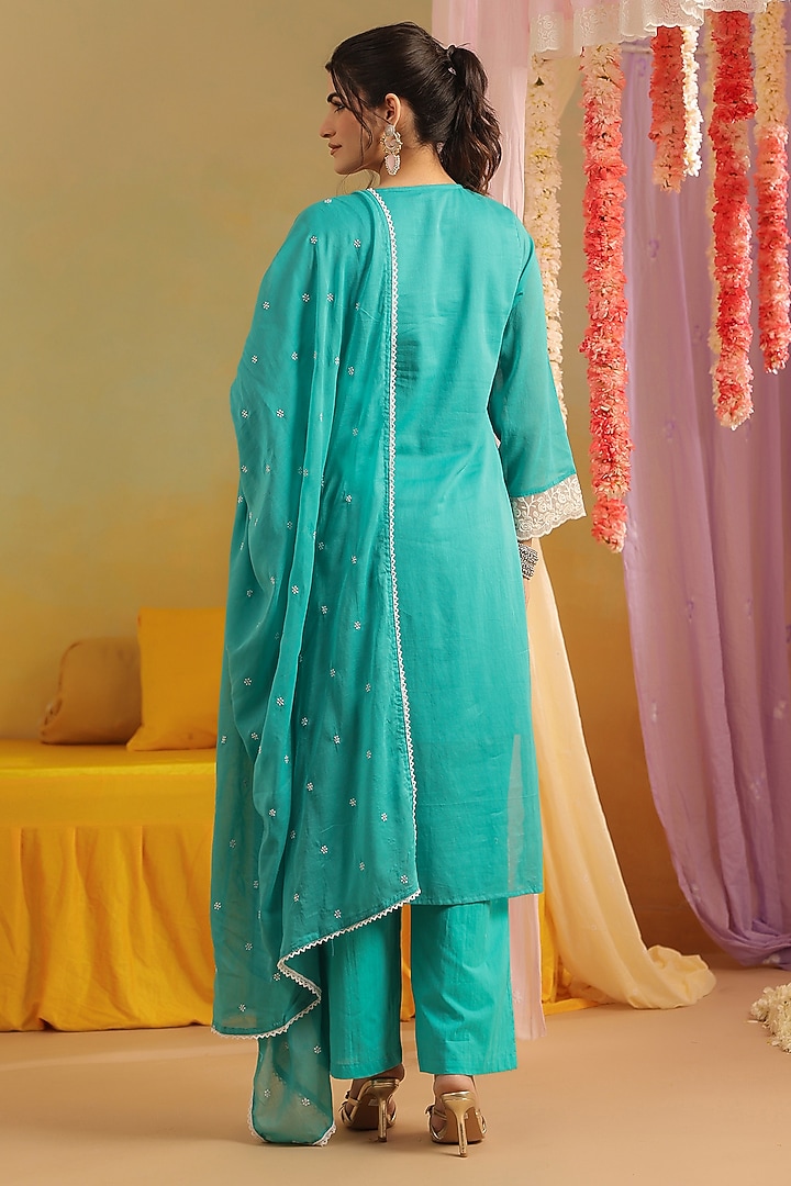 Turquoise Mulmul Chikankari Embroidered Straight Kurta Set by Scakhi Luxe at Pernia's Pop Up Shop