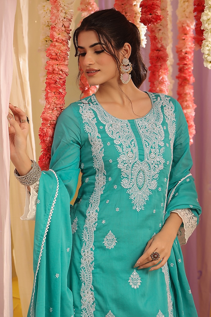 Turquoise Mulmul Chikankari Embroidered Straight Kurta Set by Scakhi Luxe at Pernia's Pop Up Shop