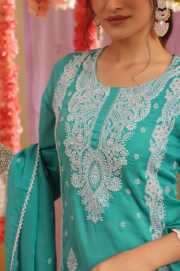 Turquoise Mulmul Chikankari Embroidered Straight Kurta Set by Scakhi Luxe at Pernia's Pop Up Shop