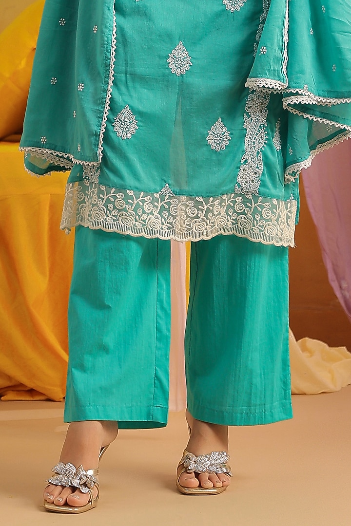 Turquoise Mulmul Chikankari Embroidered Straight Kurta Set by Scakhi Luxe at Pernia's Pop Up Shop