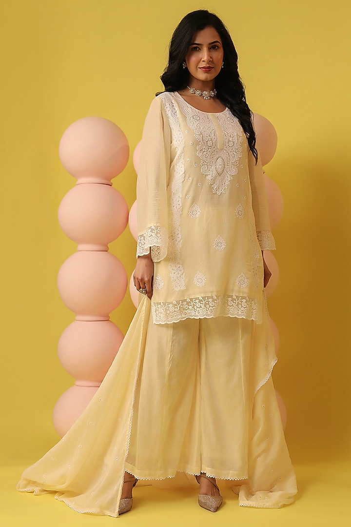 Butter Yellow Mulmul Chikankari Kurta Set by Scakhi Luxe at Pernia's Pop Up Shop