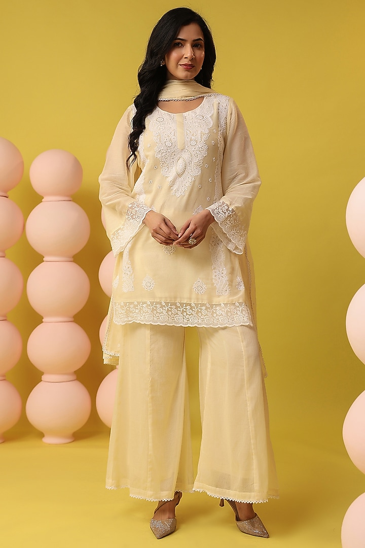 Butter Yellow Mulmul Chikankari Kurta Set by Scakhi Luxe at Pernia's Pop Up Shop