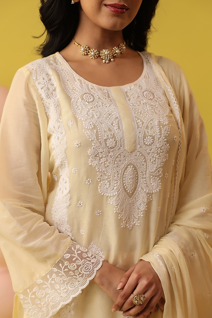 Butter Yellow Mulmul Chikankari Kurta Set by Scakhi Luxe at Pernia's Pop Up Shop