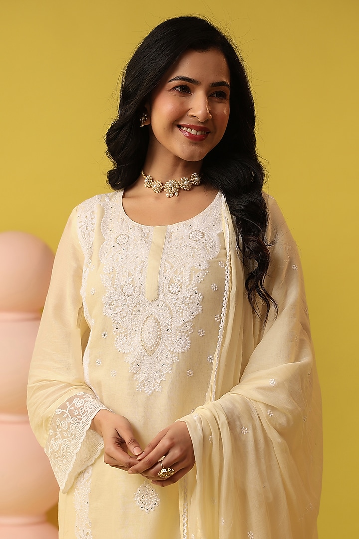 Butter Yellow Mulmul Chikankari Kurta Set by Scakhi Luxe at Pernia's Pop Up Shop