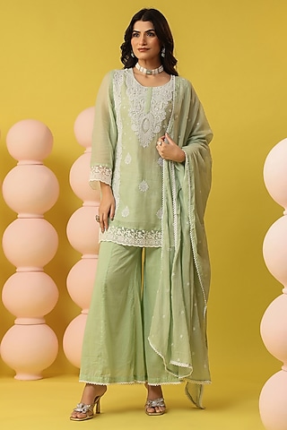Green Mulmul Chikankari Kurta Set by Scakhi Luxe