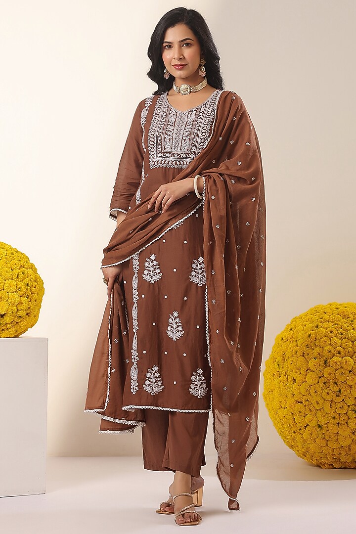 Brown Mulmul Chikankari Embroidered Straight Kurta Set by Scakhi Luxe at Pernia's Pop Up Shop