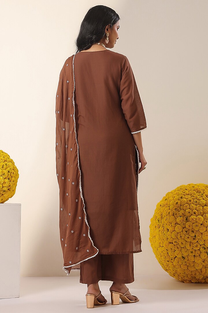 Brown Mulmul Chikankari Embroidered Straight Kurta Set by Scakhi Luxe at Pernia's Pop Up Shop