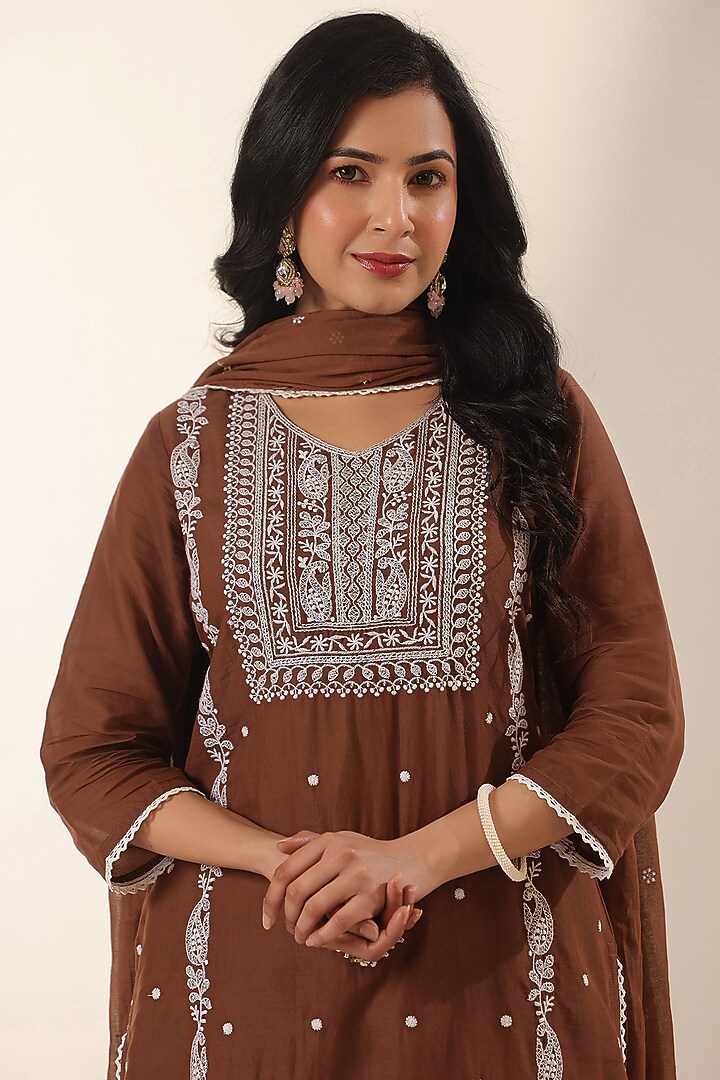 Brown Mulmul Chikankari Embroidered Straight Kurta Set by Scakhi Luxe at Pernia's Pop Up Shop