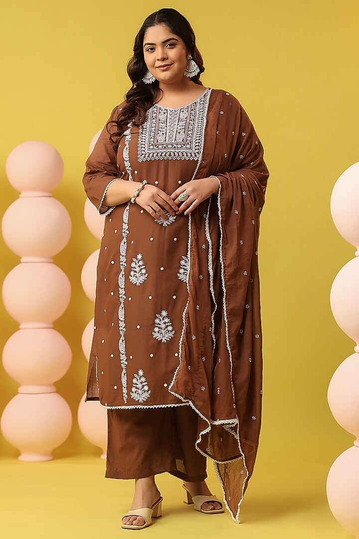 Brown Mulmul Chikankari Embroidered Straight Kurta Set by Scakhi Luxe at Pernia's Pop Up Shop