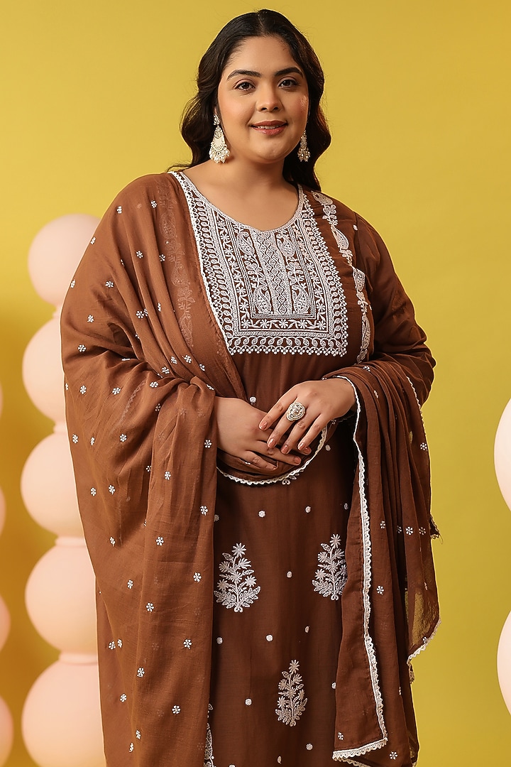 Brown Mulmul Chikankari Embroidered Straight Kurta Set by Scakhi Luxe at Pernia's Pop Up Shop