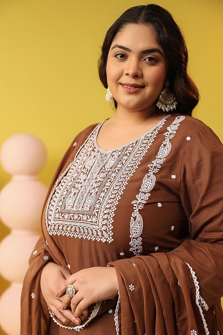 Brown Mulmul Chikankari Embroidered Straight Kurta Set by Scakhi Luxe at Pernia's Pop Up Shop