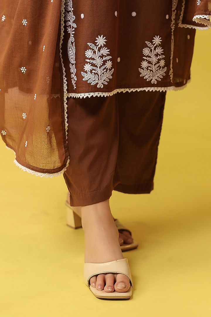Brown Mulmul Chikankari Embroidered Straight Kurta Set by Scakhi Luxe at Pernia's Pop Up Shop