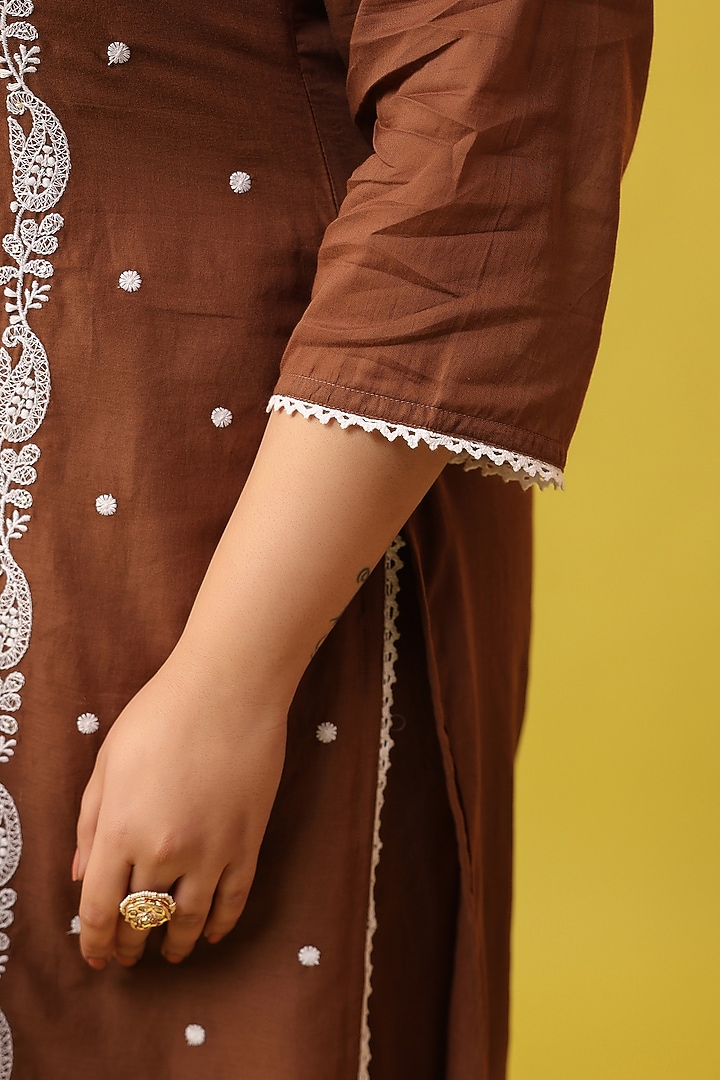 Brown Mulmul Chikankari Embroidered Straight Kurta Set by Scakhi Luxe at Pernia's Pop Up Shop