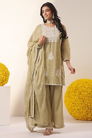 Beige Mulmul Chikankari Kurta Set by Scakhi Luxe