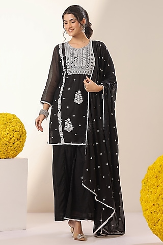 Black Mulmul Chikankari Kurta Set by Scakhi Luxe