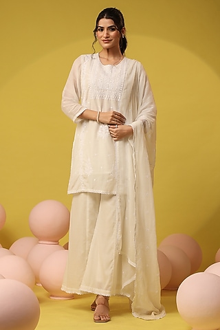 White Mulmul Chikankari Kurta Set by Scakhi Luxe