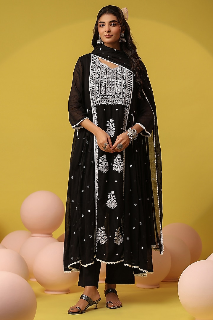 Black Mulmul Chikankari Embroidered Anarkali Set by Scakhi Luxe at Pernia's Pop Up Shop