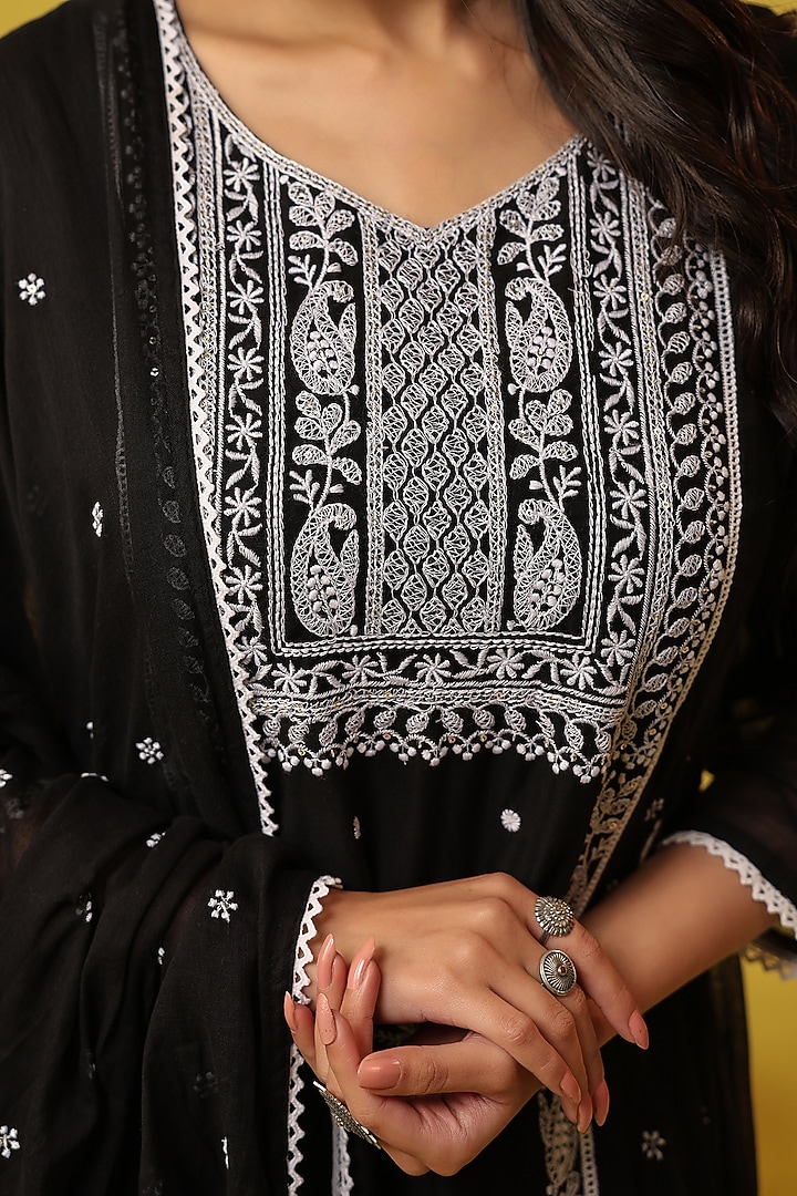 Black Mulmul Chikankari Embroidered Anarkali Set by Scakhi Luxe at Pernia's Pop Up Shop