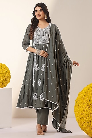 Green Mulmul Chikankari Embroidered Anarkali Set by Scakhi Luxe