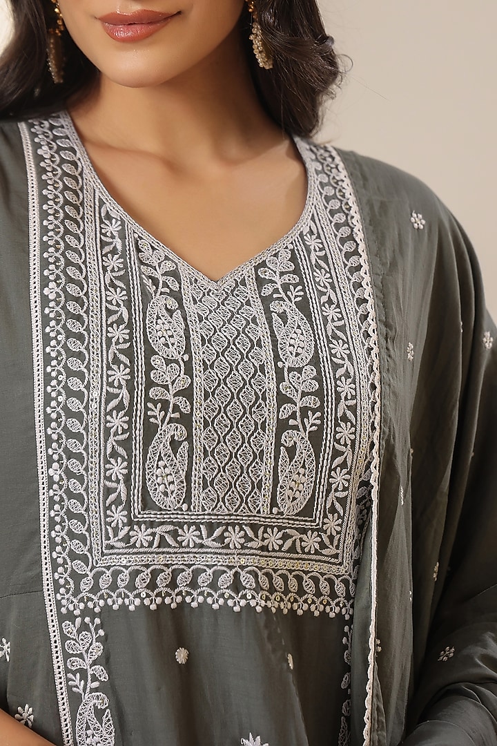 Green Mulmul Chikankari Embroidered Anarkali Set by Scakhi Luxe at Pernia's Pop Up Shop