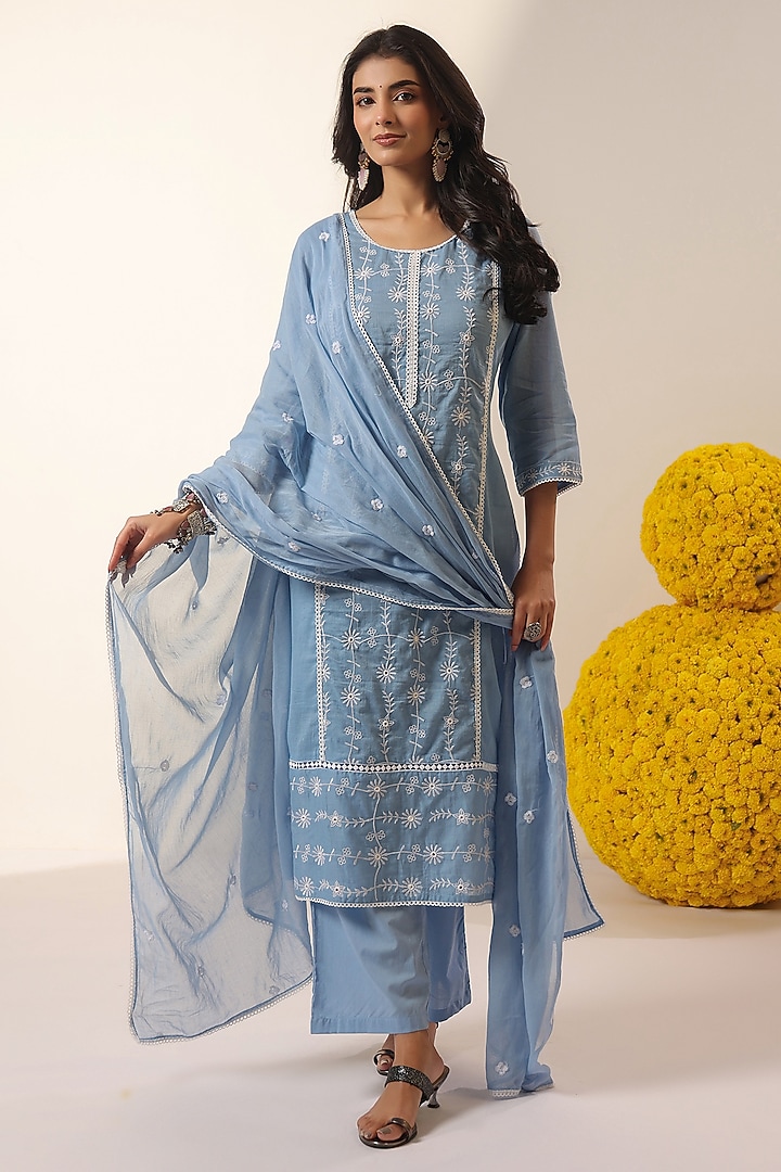 Powder Blue Mulmul Thread Embroidered Straight Kurta Set by Scakhi Luxe at Pernia's Pop Up Shop