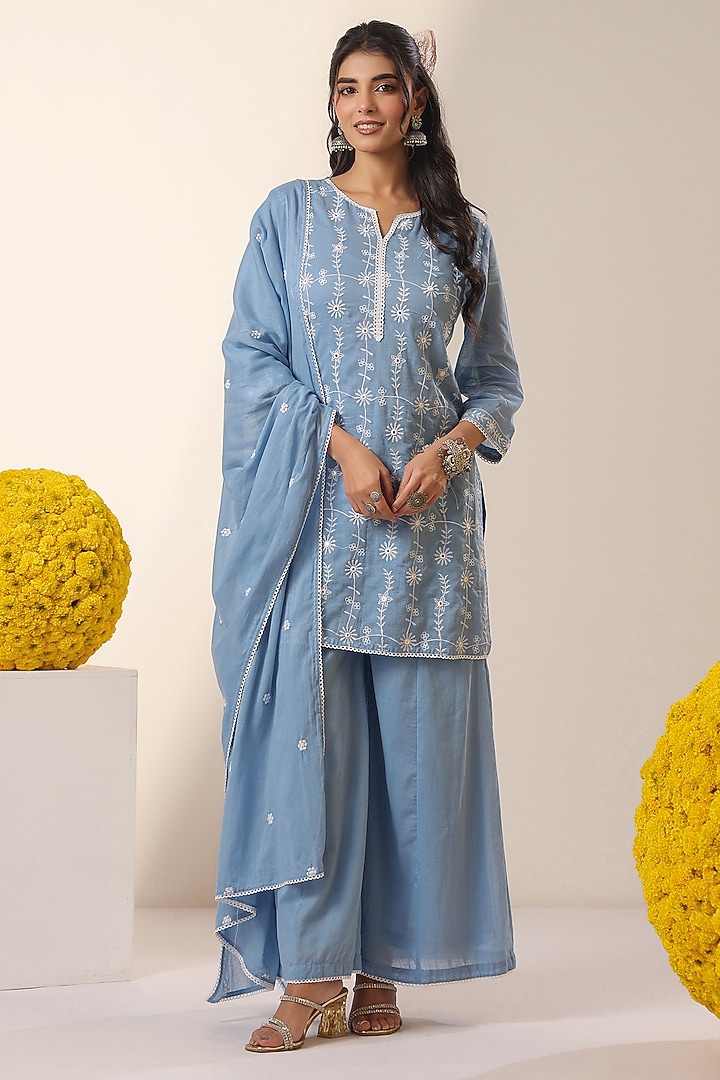 Powder Blue Mulmul Thread Embroidered Straight Kurta Set by Scakhi Luxe at Pernia's Pop Up Shop