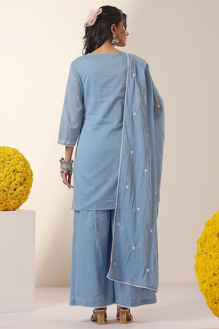 Powder Blue Mulmul Thread Embroidered Straight Kurta Set by Scakhi Luxe at Pernia's Pop Up Shop