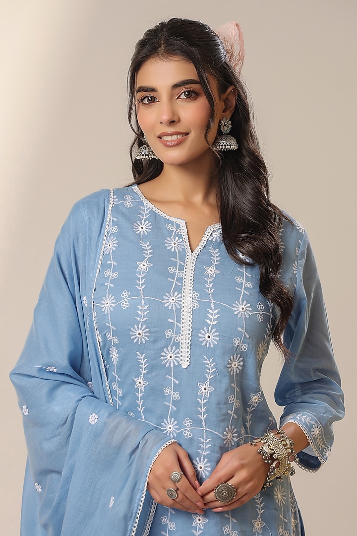 Powder Blue Mulmul Thread Embroidered Straight Kurta Set by Scakhi Luxe at Pernia's Pop Up Shop