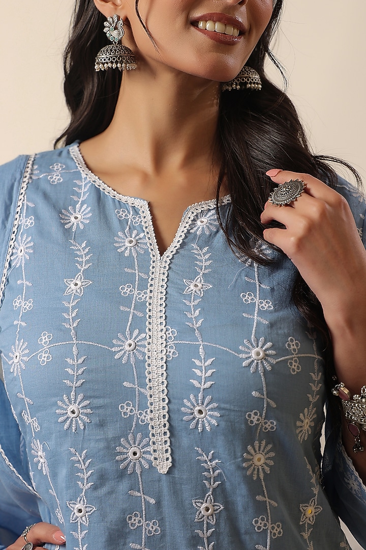 Powder Blue Mulmul Thread Embroidered Straight Kurta Set by Scakhi Luxe at Pernia's Pop Up Shop