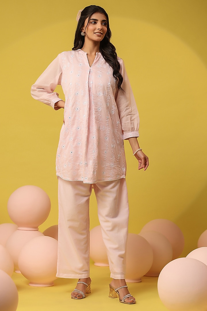 Pink Mulmul Chikankari Embroidered Tunic Set by Scakhi Luxe at Pernia's Pop Up Shop