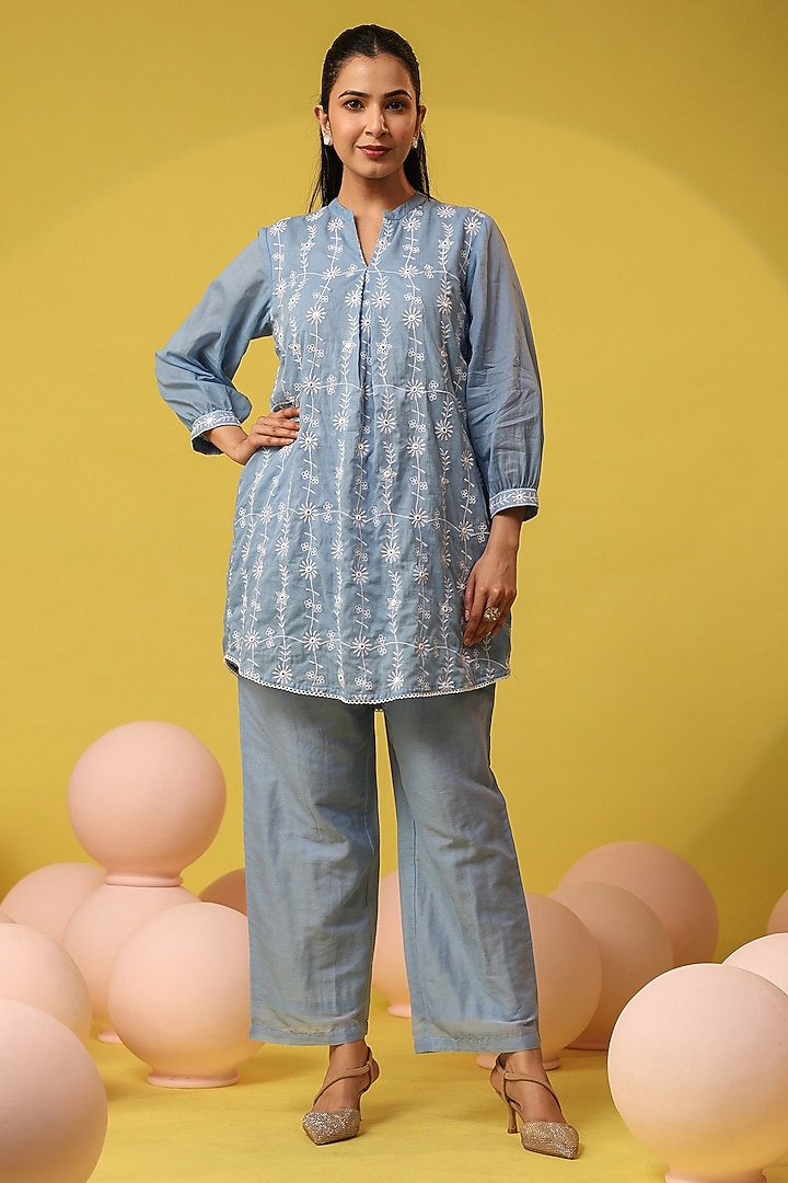 Powder Blue Mulmul Chikankari Embroidered Tunic Set by Scakhi Luxe at Pernia's Pop Up Shop