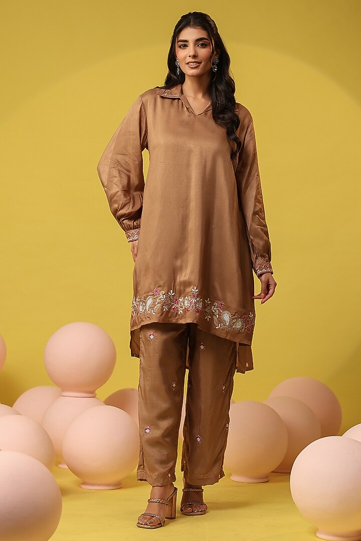 Brown Russian Silk Zari Work Co-Ord Set by Scakhi Luxe at Pernia's Pop Up Shop