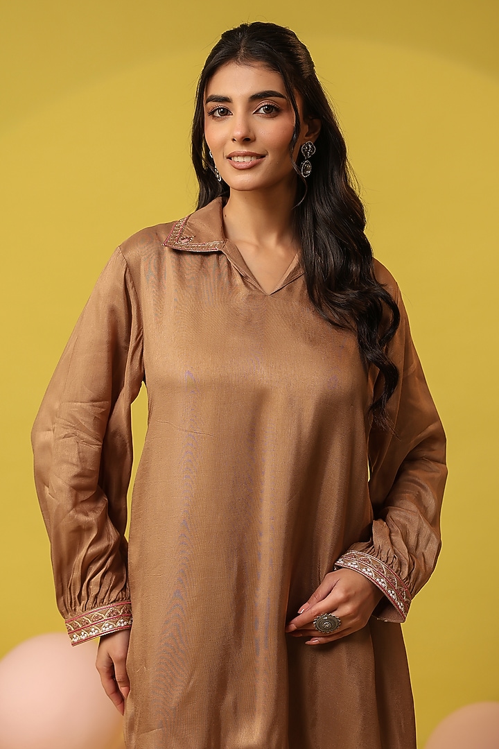 Brown Russian Silk Zari Work Co-Ord Set by Scakhi Luxe at Pernia's Pop Up Shop