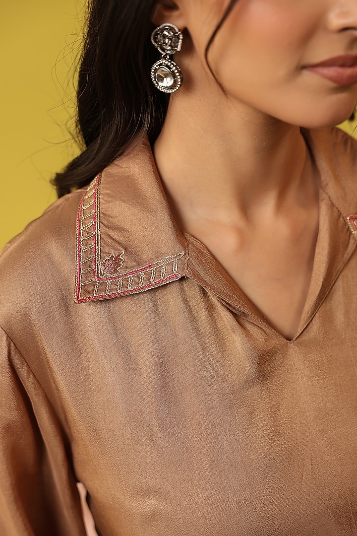 Brown Russian Silk Zari Work Co-Ord Set by Scakhi Luxe at Pernia's Pop Up Shop