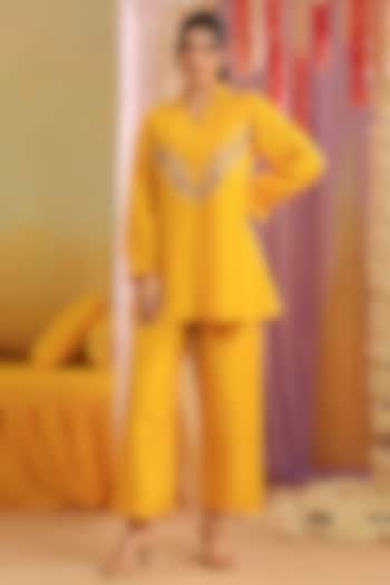 Mustard Russian Silk Embroidered Co-Ord Set by Scakhi Luxe at Pernia's Pop Up Shop