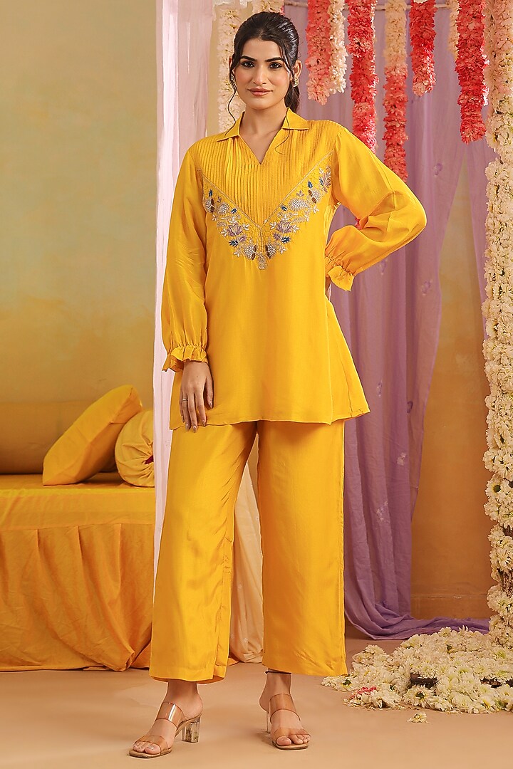 Mustard Russian Silk Embroidered Co-Ord Set by Scakhi Luxe at Pernia's Pop Up Shop