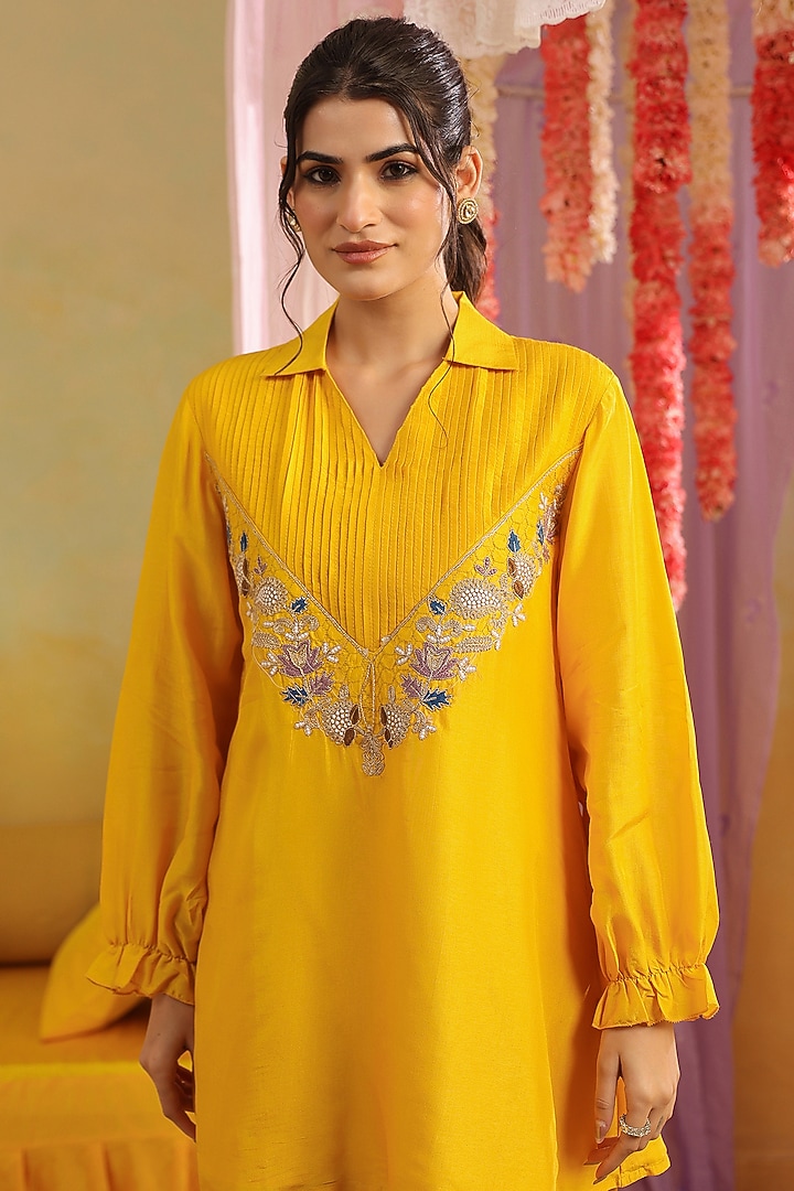 Mustard Russian Silk Embroidered Co-Ord Set by Scakhi Luxe at Pernia's Pop Up Shop
