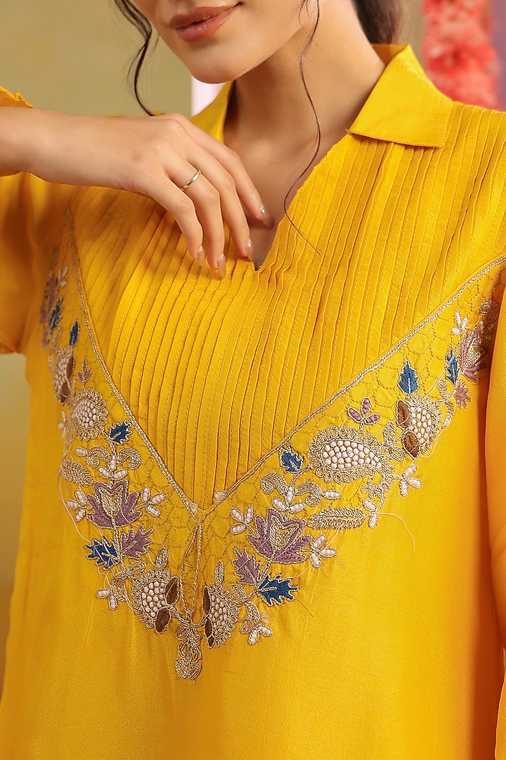 Mustard Russian Silk Embroidered Co-Ord Set by Scakhi Luxe at Pernia's Pop Up Shop