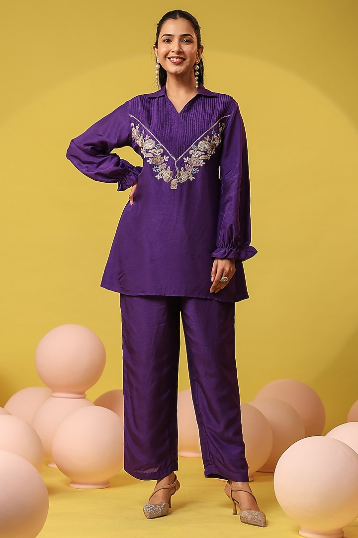 Purple Russian Silk Embroidered Co-Ord Set by Scakhi Luxe at Pernia's Pop Up Shop