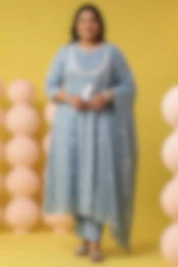 Powder Blue Cotton Mulmul Thread Embroidered Kalidar Anarkali Set by Scakhi Luxe at Pernia's Pop Up Shop