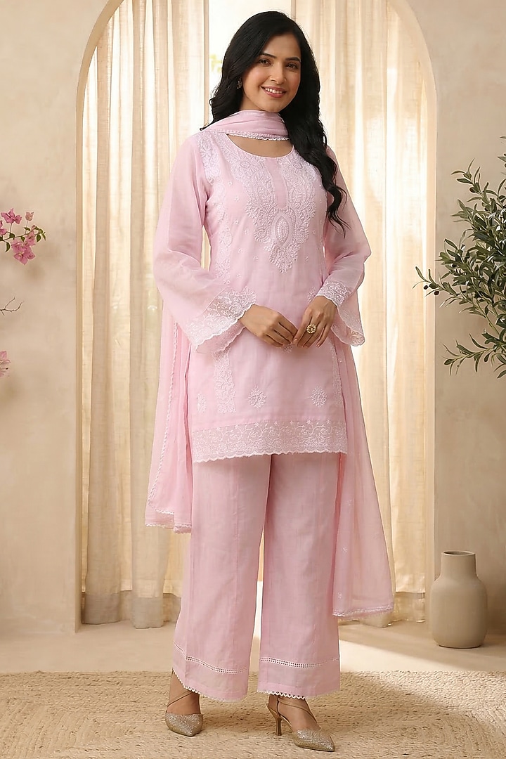 Pink Mulmul Chikankari Embroidered Kurta Set by Scakhi Luxe at Pernia's Pop Up Shop