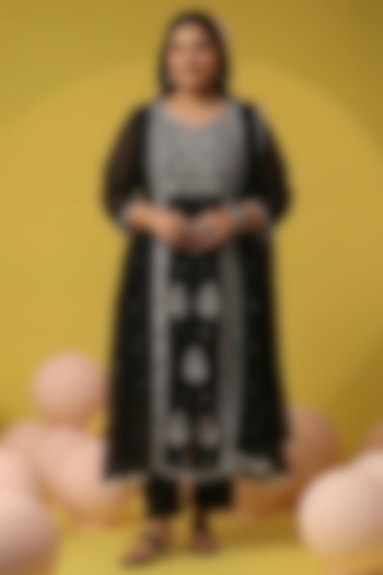 Black Mulmul Chikankari Embroidered Flared Anarkali Set by Scakhi Luxe at Pernia's Pop Up Shop