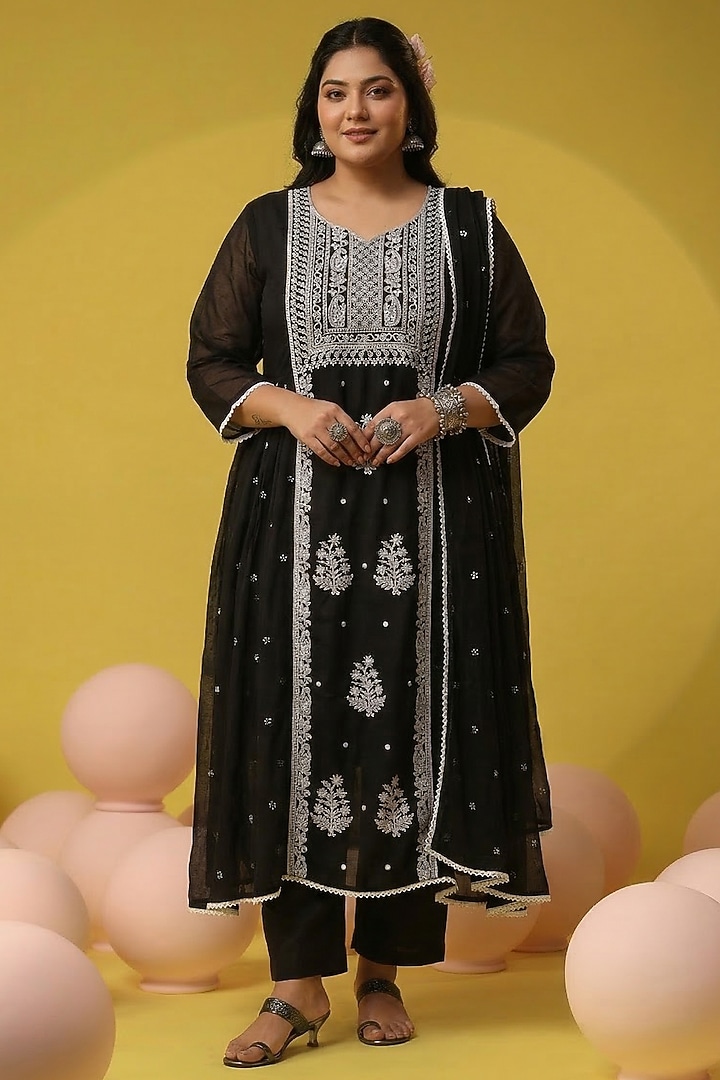 Black Mulmul Chikankari Embroidered Flared Anarkali Set by Scakhi Luxe at Pernia's Pop Up Shop
