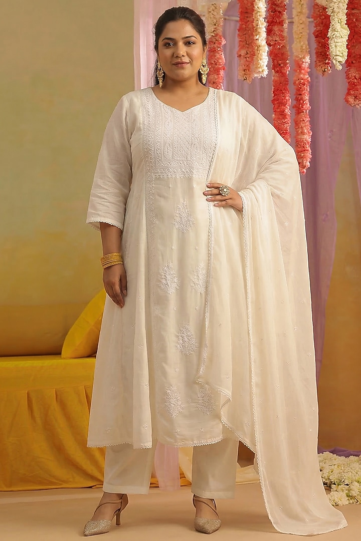 White Mulmul Chikankari Embroidered Flared Anarkali Set by Scakhi Luxe at Pernia's Pop Up Shop